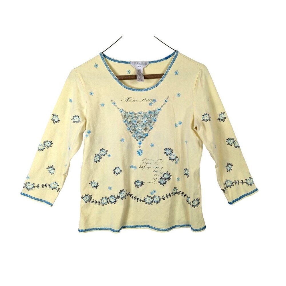 Petite Sophisticate Women size M Embellished Yellow Top Stretch Classic Whimsy